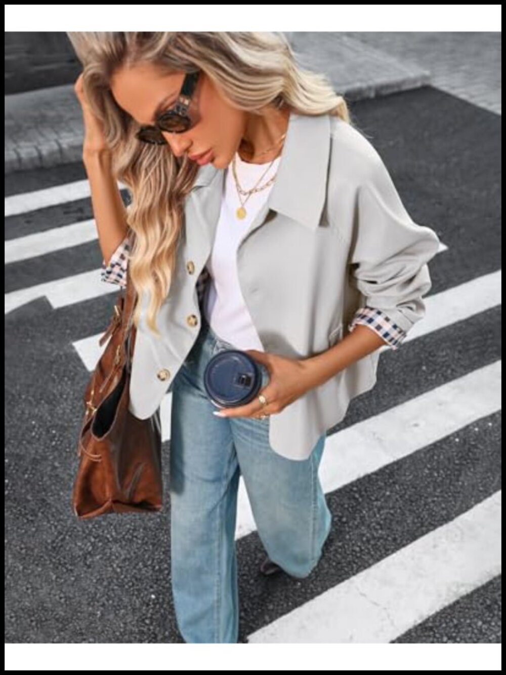 Cropped Trench Coat Single Breasted Lightweight Loose Fit Plaid Lining - Picture 4 of 6